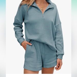 Women's 2 Piece Outfits Zipper Knit Lounge Sets Long Sleeve Shorts Outfits